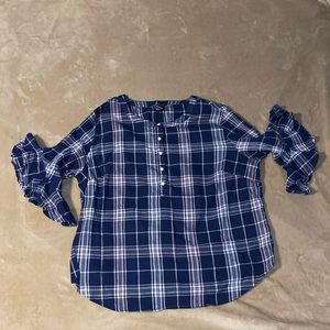 Simply Emma Blue Plaid Ruffle Sleeve Top!